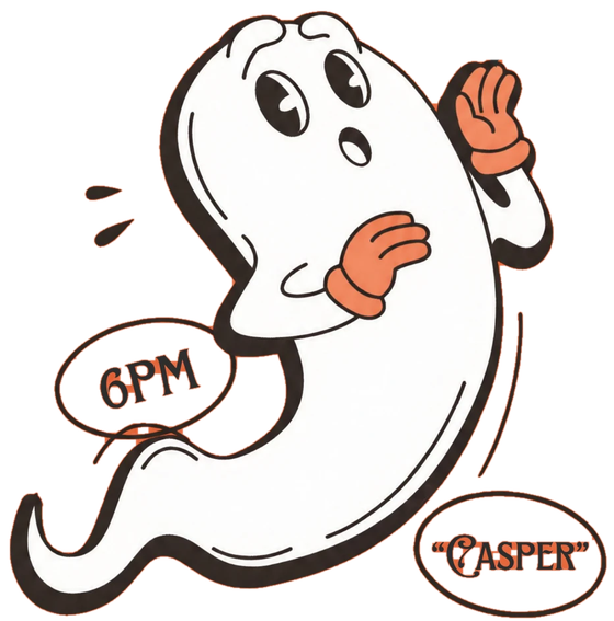 Casper the ghost, waving, with "6PM" and "Casper" badges